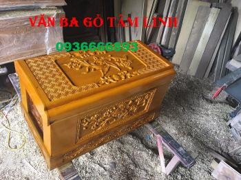 Tiểu quách gỗ vàng tâm trạm rồng, trạm sen, chữ Phúc Thọ – 86 × 44 × 46 cm